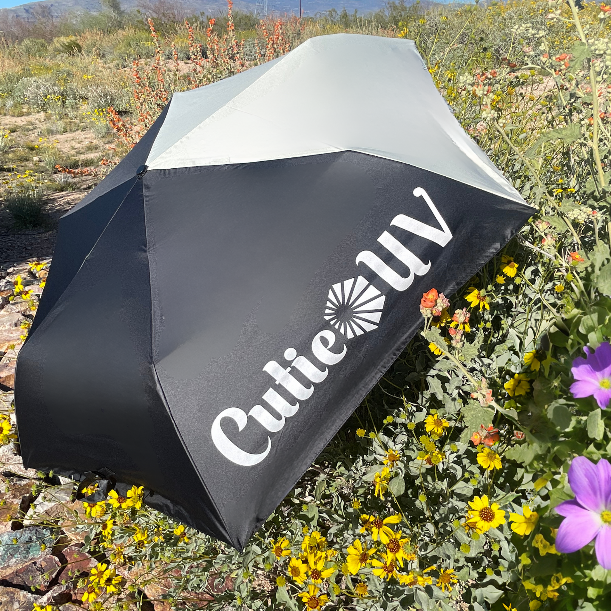 CutieUV's Black & White parasol in a field of yellow flowers